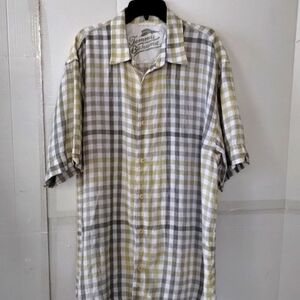 Tommy Bahama Men's Checkered Green Cream Button Up Shirt SZ Large Linen Comfy
